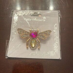 Chloe accessory Elegant gold tone Bee Brooch with pink yellow stones faux pearls